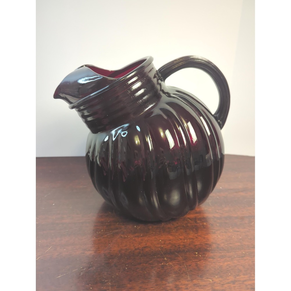 Vintage Ruby Red Glass Pitcher Cranberry Optic Swirl Water Jug Retro 6.5in Vase